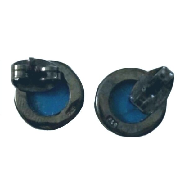 Artisan Earrings Studs Blue Turquoise Gunmetal Possible Sterling Silver Mark - Picture 2 of 3